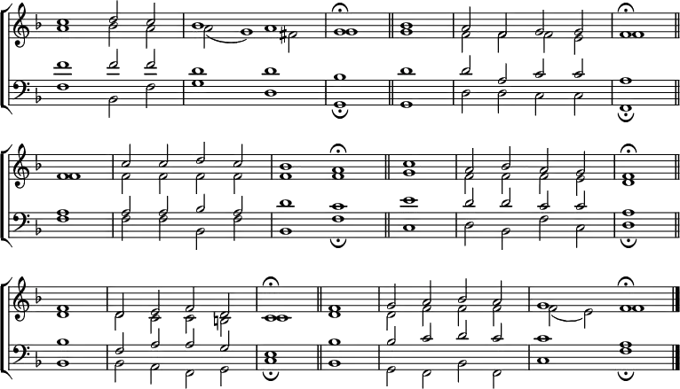 
\new ChoirStaff <<
  \new Staff { \clef treble \time 4/2 \key f \major \set Staff.midiInstrument = "church organ" \omit Staff.TimeSignature \set Score.tempoHideNote = ##t \override Score.BarNumber  #'transparent = ##t 
  \relative c''
  << { c1 d2 c | bes1 a | g \fermata \bar"||" 
       bes | a2 f g g | f1 \fermata \bar"||" \break
       f | c'2 c d c | bes1 a \fermata \bar"||"
       \time 2/2 c | \time 4/2 a2 bes a g | f1 \fermata \bar"||" \break
       f | d2 e f d | c1 \fermata \bar"||"
       f | g2 a bes a | g1 f \fermata \bar"|." } \\
  { a1 bes2 a | a( g1) fis2 | g1 g | f2 f f e | f1
    f | f2 f f f | f1 f | g | f2 f f e | d1
    d | d2 c c b | c1 d | d2 f f f | f( e) f1 } >>
  }
\new Staff { \clef bass \key f \major \set Staff.midiInstrument = "church organ" \omit Staff.TimeSignature 
  \relative c'
  << { f1 2 2 | d1 d | bes d | d2 a c c | a1
       a | a2 a bes a | d1 c | e | d2 d c c | a1
       bes | f2 a a g | e1 bes' | bes2 c d c | c1 a } \\
  { f1  bes,2 f' | g1 d | g, \fermata g | d'2 d c c | f,1 \fermata
    f' | f2 f bes, f' | bes,1 f' \fermata | c | d2 bes f' c | d1 \fermata
    bes | bes2 a f g | c1 \fermata bes | g2 f bes f | c'1 f \fermata } >>
  } 
>>
\layout { indent = #0 }
\midi { \tempo 2 = 66 }
