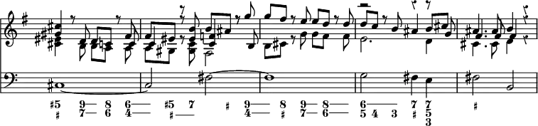 { << \new Staff \relative c'' { \override Score.TimeSignature #'stencil = ##f \key g \major \override Score.Rest #'style = #'classical
 << { <cis gis>4 r8 d, d[ c] r fis |
      fis[ eis] r <eis b'> b' ais r g' |
      g[ fis] r e e[ d] r d | d[ c] r b ais4 b8[ cis] |
      ais4. ais8 b4 r } \\
    { <cis, eis> s8 b b[ a] s a | a[ gis] r <gis c> fis2 |
      b8[ cis] r g' g[ fis] s fis | e2. d4 | cis4. cis8 d4 r } \\
    { s2. s8 c | c4 r8 s <c f>4 r8 b |
      s1 r2 r4 r8 g' | fis4. fis8 fis4 r } >> }
\new Staff { \clef bass cis1 ~ cis2 fis ~ fis1 g2 fis4 e fis2 b, }
\figures { \bassFigureExtendersOn
 <5+ _+>4. <9 7>8 q <8 6> s <6\! 4> |
 <6 4> <5+ _+>4 <7 _+>8 r <_+>4 <9 4>8 |
 <9 4> <8 _+>4 <9 7>8 q <8 6>4 q8 |
 <6\! 5>8 <6 4>4 <6 3>8 <7 _+>4 <7\! 5 3> | <_+>2 } >> }