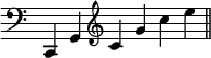 { \override Score.TimeSignature #'stencil = ##f \time 6/4 { \clef bass c, g, \clef treble c' g' c'' e'' \bar "||" } }