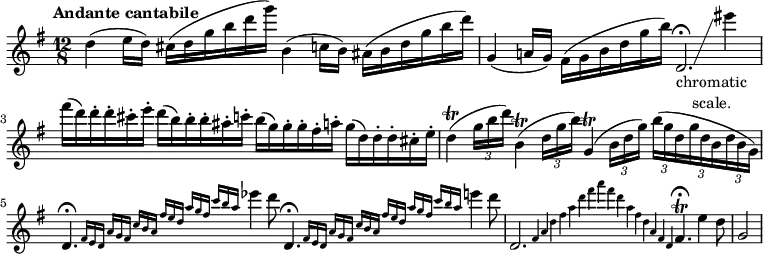 
\new Staff \with {midiInstrument = "flute"} \relative c'' {
  \key g \major
  \time 12/8
  \tempo "Andante cantabile"
  \override TupletBracket.bracket-visibility = ##f
  d4( e16 d) cis( d g b d g) b,,4( c16 b) ais( b d g b d)
  g,,4( a!16 g) fis( g b d g b) d,,2.*2/3\fermata_\markup \center-column {"chromatic" "scale."}\glissando eis''4
  fis16( d) d\staccato d\staccato cis\staccato e\staccato
    d( b) b\staccato b\staccato ais\staccato c\staccato
    b( g) g\staccato g\staccato fis\staccato a\staccato
    g( d) d\staccato d\staccato cis\staccato e\staccato
  d4(\trill \tuplet 3/2 {g16 b d)}
    b,4(\trill \tuplet 3/2 {d16 g b)}
    g,4(\trill \tuplet 3/2 {b16 d g)}
    \tuplet 3/2 8 {b( g d g d b d b g)}
  d4.\fermata
    \omit TupletNumber
    \autoBeamOff
    \grace {\tuplet 3/2 8 {fis16[ e d] a'[ g fis] c'[ b a] fis'[ e d] a'[ g fis] c'[ b a]}} ees'4 d8
    d,,4.\fermata
    \grace {\tuplet 3/2 8 {fis16[ e d] a'[ g fis] c'[ b a] fis'[ e d] a'[ g fis] c'[ b a]}} e'4 d8
  d,,2. \grace {fis4 a \stemDown d fis a d fis a fis d a fis d \stemUp a fis d \stemNeutral} fis4.\trill\fermata e'4 d8
  g,2 \bar "|"
}
