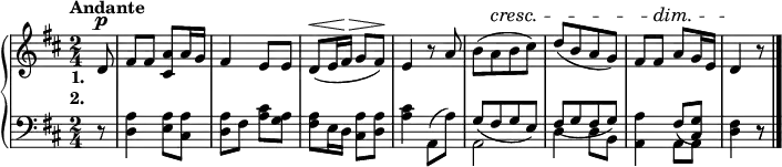 
    \header {
        tagline = "" % no footer
    }
    \score {
        \language "english"
        { { \new PianoStaff <<
            { \new Staff <<
                \time 2/4
                \tempo "Andante"
                \set Score.tempoHideNote = ##t \tempo 4 = 76
                \key d \major
                
                \relative d' {
                    \partial 8 d8^\p |
                    fs fs <cs a'> a'16 g |
                    fs4 e8 e |
                    d(^\< e16 fs ^\> g8 fs \!) |
                    e4 r8 a |
                    b[( a ^\cresc b cs)] |
                    d[( b a g)] |
                    fs fs ^\dim a g16 e |
                    \partial 4. d4 \! r8 \bar "|."
                }
                \addlyrics {
                    \set stanza = #"1. "
                    
                    
                }
                \addlyrics {
                    \set stanza = #"2. "
                    
                    
                }
            >> }
            { \new Staff <<
                { \new Voice <<
                    \time 2/4
                    \tempo "Andante"
                    \clef "bass"
                    \key d \major
                    
                    \relative d {
                        \partial 8 r8 |
                        <d a'>4 <e a>8 <cs a'> |
                        <d a'> fs <a cs> <g a> |
                        <fs a> e16 d <cs a'>8 <d a'> |
                        <a' cs>4 a,8(a') |
                        \stemUp
                        g[( fs g e)] |
                        fs[( g fs g)] |
                        s4 fs8( <cs g'>) |
                        \partial 4. s4 r8 |
                    }
                >> }
                { \new Voice <<
                    \time 2/4
                    \tempo "Andante"
                    \clef "bass"
                    \key d \major
                    
                    \relative d {
                        \stemDown
                        \partial 8 s8 |
                        s2 |
                        s |
                        s |
                        s |
                        a |
                        d4 d8 b |
                        <a a'>4 a8 a8 |
                        \partial 4. <d fs>4 r8 |
                    }
                >> }
            >> }
        >> } }
          \layout { \context {
          } }
        \midi { }
    }
