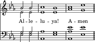 
<< <<
\new Staff { \clef treble \time 4/2 \key es \major \partial 1 \set Staff.midiInstrument = "church organ" \omit Staff.TimeSignature
  \relative c'' { << { bes2 2 | c1 bes | c1 es \bar"||" } \\ { es,2 2 | 1 1 | aes g } >> }
}
\new Lyrics \lyricmode { Al2 -- le -- lu1 -- ya! A -- men }
\new Staff { \clef bass \key es \major \set Staff.midiInstrument = "church organ" \omit Staff.TimeSignature
  \relative c' { << { g2 2 | aes1 g | <aes es'> es' } \\ { es,2 2 | aes,1 es' aes, es' } >> }
}
>> >>
\layout { indent = #0 }
\midi { \tempo 2 = 66 }
