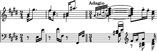 { \override Score.TimeSignature #'break-visibility = #'#(#f #t #f) \time 2/4 \key e \major \partial 4 << { << \relative g' { b4 | fis' cis16 ais'8. } \\ \relative g' { gis16 gis'8. | fis16 <dis b>8. ais4 } >> \bar "||" \time 3/4 \tempo "Adagio" \set tieWaitForNote = ##t \relative a' { \grace { a32[ ~ bis ~ dis ~ fis] ~ } <a, bis dis fis a>4 ~ <a bis dis fis a>8 gis'16-. fis-. <e cis> } }
\new Staff { \clef bass \key e \major \relative e { r8 e16 e' | r8 fis16 fis, r8 fis,16 fis' | r8 << { <bis dis>16-.( e-.) \clef treble fis gis a8 gis16 } \\ { <fis, a>8 \clef treble r8 <bis dis> <cis e>16 } >> } } >> }