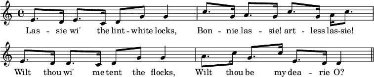 { \relative e' { \time 4/4 \override Score.BarNumber #'break-visibility = #'#(#f #f #f) 
 e8. d16 e8. c16 d8 g g4 | c8. g16 a8. g16 c8. g16 a c8. | %eol1
 e,8. d16 d8. c16 d8 g g4 | a8. c16 g8. c16 e,8. d16 d4 \bar "||" }
\addlyrics { Las -- sie wi' the lint -- white locks, Bon -- nie las -- sie! art -- less las -- sie! Wilt thou wi' me tent the flocks, Wilt thou be my dea -- rie O? } }