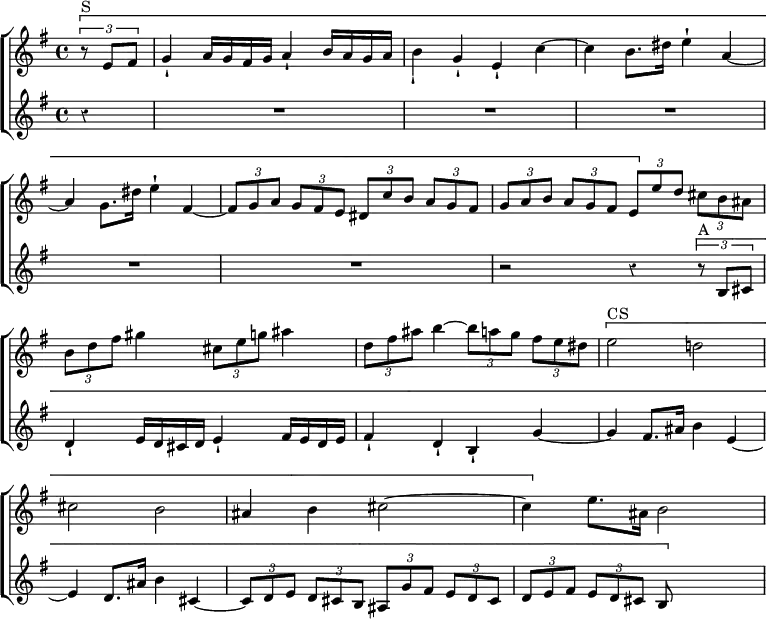 \new ChoirStaff << \override Score.BarNumber #'break-visibility = #'#(#f #f #f) \override Score.Rest #'style = #'classical
  \new Staff \relative e' { \key e \minor \time 4/4 \partial 4
    \[ \tuplet 3/2 { r8^"S" e fis } |
    g4_! a16 g fis g a4_! b16 a g a | b4_! g_! e_! c' ~ |
    c b8. dis16 e4^! a, ~ | a g8. dis'16 e4^! fis, ~ |
    \tuplet 3/2 4 { fis8 g a g fis e dis c' b a g fis |
      g a b a g fis e \] e' d cis b ais } |
    \tuplet 3/2 { b d fis } gis4 \tuplet 3/2 { cis,8 e g } ais4 |
    \tuplet 3/2 { d,8 fis ais } b4 ~ \tuplet 3/2 4 { b8 a g fis e dis }
    \[ e2^"CS" d! | cis b | ais4 b cis2 ~ |
    cis4 \] e8. ais,16 b2 }
  \new Staff \relative b { \key e \minor r4 R1*5
    r2 r4 \[ \tuplet 3/2 { r8^"A" b cis } |
    d4_! e16 d cis d e4_! fis16 e d e | fis4_! d_! b_! g' ~ |
    g fis8. ais16 b4 e, ~ | e d8. ais'16 b4 cis, ~ |
    \tuplet 3/2 4 { cis8 d e d cis b ais g' fis e d cis |
      d e fis e d cis } b8 s s4 } >>