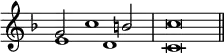 { \override Score.TimeSignature #'stencil = ##f \time 4/2 \key f \major \relative g' << { g2 c1 b2 | c\breve \bar "||" } \\ { e,1 d | c\breve } >> }