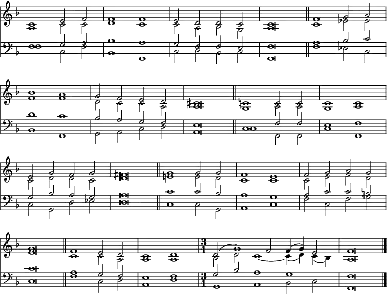 
<< <<
\new Staff { \clef treble \time 4/2 \key f \major \set Staff.midiInstrument = "church organ" \omit Staff.TimeSignature \set Score.tempoHideNote = ##t \override Score.BarNumber  #'transparent = ##t \override Staff.NoteHead.style = #'altdefault
  \relative c'
  << { c1 e2 f | f1 f | e2 d d c | c \breve \bar"||" f1 g2 a | \break
       bes1 a | g2 f e d | cis \breve \bar"||" c!1 c2 c | c1 c | \break
       e2 g f g | fis \breve \bar"||" g1 g2 g | f1 e | f2 g a g | \break
       g \breve \bar"||" f1 e2 d | c1 d | 
       \undo \omit Staff.TimeSignature \time 3/1 d2( g1) f2 f4( g) e2 | f \breve \bar"|." } \\
  { a,1 c2 c | d1 c | c2 a bes g | a \breve | c1 es2 es |
    f1 f | d2 c c a | a \breve | g1 a2 a | g1 a |
    c2 d d c | d \breve | e!1 e2 d | c1 c | c2 e f d |
    e \breve | c1 c2 a | a1 a | bes2 d c1 ~ c4( d) c( bes) | a \breve } >>
}
\new Staff { \clef bass \key f \major \set Staff.midiInstrument = "church organ" \omit Staff.TimeSignature \override Staff.NoteHead.style = #'altdefault
  \relative c
  << { f1 g2 a | bes1 a | g2 f f e | f \breve \bar"||" a1 bes2 c | \break
       d1 c | bes2 a g f | e \breve \bar"||" c1 f2 f | e1 f | \break
       g2 bes a g | a \breve \bar"||" c1 c2 bes | a1 g | a2 c c b | \break
       c \breve \bar"||" a1 g2 f | e1 f | 
       \undo \omit Staff.TimeSignature g2 bes a1 g | f \breve } \\
  { f1 c2 f | bes,1 f | c'2 d bes c | f, \breve | f'1 es2 c |
    bes1 f | g2 a c d | a \breve | c1 f,2 f | c'1 f, |
    c'2 g d' es | d \breve | c1 c2 g | a1 c | f2 c f g |
    c, \breve | f1 c2 d | a1 d | g, a bes2 c | f, \breve } >>
}
>> >>
\layout { indent = #0 }
\midi { \tempo 2 = 66 }
