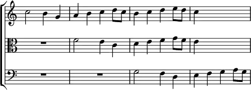 \new ChoirStaff << \override Score.TimeSignature #'stencil = ##f
  \new Staff \relative c'' { \key c \major \time 2/2
    c2 b4 g | a b c d8 c | b4 c d e8 d | c4 s2. }
  \new Staff \relative f' { \clef alto \key c \major
    R1 f2 e4 c | d e f g8 f | e4 s2. }
  \new Staff \relative g { \clef bass \key c \major
    R1*2 g2 f4 d | e f g a8 g } >>