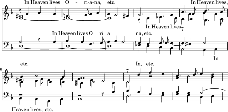 << \new Staff = "staffu" { \time 4/4 \override Score.Rest #'style = #'classical \override Score.TimeSignature #'stencil = ##f \key d \minor <<
\new Voice = "S" { \relative a' { \stemUp r4 a bes a | f!4. g8 a4 bes | a g2 fis4 | g2. g4 | c4. a8 d4. c8 | bes4 c2 bes4 | a1 | r4 d f e | c4. d8 e4 d | s8 } }
\new Voice = "A" { \relative d' { \stemDown d1 ~ d ~ d | r4 d ees4. d8 | c4 c bes4. c8 | d4 e d d | cis d2 cis4 | d2 r | a'4 c2 bes4 } }
\new Voice { \relative f' { \stemDown fis1 s s s | r4 a bes a | fis4. g8 fis4 g | g f \stemUp e2 | d } } >> }
\new Lyrics \with { alignAboveContext = "staffu" } { \lyricsto "S" { In Heaven lives O -- ri -- a -- na, etc. _ _ _ _ _ In Heaven lives, etc. _ _ _ In, etc. } }
\new Lyrics \lyricsto "A" { _ In Heaven lives }
\new Staff = "staffd" { \clef bass \key d \minor <<
\new Voice = "T" { \stemUp \autoBeamOff a2 r4 a | bes a f4. g8 | a4 bes a2 | g4 f g8 g g4 ~ | g fis g2 | r1 | r2 r4 a | bes a f g | a g g2^( | s8) }
\new Voice = "B" { \relative d { \stemDown d1 _~ d _~ d | ees4 d c bes | a2 g4 a | bes a f a | a1 | d2. e4 | f e c d | } } >> }
\new Lyrics \with { alignAboveContext = "staffd" } { \lyricsto "T" { _ In Heaven lives O -- ri -- a -- _ _ na, etc. } }
\new Lyrics \lyricsto "B" { _ _ _ _ _ _ _ In Heaven lives, etc. }
>>