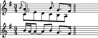 { \time 3/4 \key g \major << { << \relative b' { \appoggiatura b8 \stemUp a4. b8 g8. fis16 \bar "||" s8 } \\ { c'8 e' d' c' b a | s } \\ { fis'2. | s8 } >> }
\new Staff { \key g \major \relative b' { \grace s8 b16 a ~ a8 ~ a b g8. fis16 | s8 } } >> }
