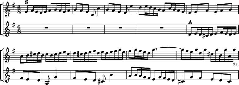 \new ChoirStaff << \override Score.BarNumber #'break-visibility = #'#(#f #f #f) \new Staff \relative g' { \key g \major \time 6/8 g8^\markup { \bold S } a16 g fis g a8 b16 a g a |
b8 a g d c'4 | b8 a g fis e'4 | d8 e16 d c b a8 c16 b a g |
fis8 g a g a b | a b16 cis d b cis b cis d e cis |
d cis d e fis d e d e fis g e |
fis8 g16 fis e d g4. ~ |
g16 fis e g d g cis, g' b, g' a, g'_\markup { \tiny &c. } }
\new Staff \relative d' { \key g \major R2.*4 |
d8^\markup { \bold A } e16 d cis d e8 fis16 e d e | fis8 e d a g'4 |
fis8 e d cis b'4 | a8 b16 a g fis e8 g16 fis e d |
cis8 g' fis e d cis } >>