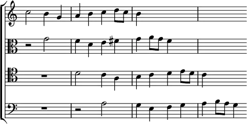 \new ChoirStaff << \override Score.TimeSignature #'stencil = ##f
  \new Staff \relative c'' { \key c \major \time 2/2
    c2 b4 g | a b c d8 c | b4 s2. | s }
  \new Staff \relative g' { \clef alto \key c \major
    r2 g | f4 d e fis | g a8 g f4 s | s2. }
  \new Staff \relative d' { \clef tenor \key c \major
    R1 d2 c4 a | b c d e8 d | c4 s2 }
  \new Staff \relative a { \clef bass \key c \major
    R1 r2 a | g4 e f g | a b8 a g4 } >>