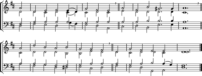 
\new ChoirStaff <<
  \new Staff { \clef treble \time 4/2 \key d \major \partial 2 \set Staff.midiInstrument = "church organ" \omit Staff.TimeSignature \set Score.tempoHideNote = ##t \override Score.BarNumber  #'transparent = ##t 
  \relative c''
  << { a2 | d, e fis e4( d) | g2 fis e \breathe \bar"||" a | fis b gis2. gis4 | a1. \breathe \bar"||" \break
       a2 | d b a b | g g fis \breathe \bar"||" d | g fis e e | d1. \bar"|." } \\
  { d2 | d cis d cis4( d) | cis2 d cis e | d d d2. d4 cis1.
    cis2 | d d d b | b e d d | cis d d cis | d1. } >>
  } 
\new Staff { \clef bass \key d \major \set Staff.midiInstrument = "church organ" \omit Staff.TimeSignature
  \relative c
  << { fis2 | a a a a | g a a a | a b b2. b4 | a1.
       a2 | a g fis fis | g a a a | g a b a4( g) | fis1. } \\
  { d2 | fis e d g4( fis) | e2 d a cis | d b e2. e4 | a,1.
    a'2 | fis g d dis | e cis d fis | e d g, a | d1. } >>
  } 
>>
\layout { indent = #0 }
\midi { \tempo 2 = 69 }
