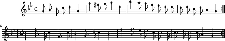 
music = {
    \language "english"
    {
        { \new PianoStaff <<
            { \new Staff <<
                \set Staff.midiInstrument = "violin"
                \relative c'' {
                    \autoBeamOff
                    \set Score.tempoHideNote = ##t \tempo 4 = 130
                    \clef "petrucci-b1"
                    \override Staff.TimeSignature.style = #'neomensural
                    \override NoteHead.style = #'petrucci 
                    \key g \minor
                    \time 2/2
                    
                    \repeat volta 2 {
                        g8 a bf c d4 g,4 |
                        g' fs8 g a4 d, |
                        bf' a8 g f ef d d |
                        c d bf c a4 g |
                    }
                    \repeat volta 2 {
                        \grace{a8} bf4 g8. bf16 c4 f,8. c'16 |
                        bf4 g8. d'16 c4 bf4 |
                        f'4 f8. ef16 d8. c16 bf8. bf16 |
                        c8. d16 bf8. c16 a4 g
                    }
                }
            >> }
        >> }
    }
}
\header {
    tagline = "" % no footer
}
\score {
  \music
  \layout { }
}
\score {
  \unfoldRepeats {
    \music
  }
  \midi { }
}
