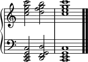 \new PianoStaff << \new Staff \relative { \time 4/4 \override Score.TimeSignature #'stencil = ##f <c'' e g c>2 <d f g b> <c e g c>1 } \new Staff \relative { \clef bass <c, e g c>2 <d f g d'> <c e g c>1 \bar ".." } >>