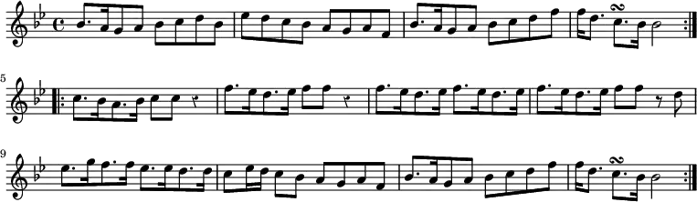 { \relative b' { \key bes \major \time 4/4 \override Score.Rest #'style = #'classical
 bes8.[ a16 g8 a] bes c d bes | ees d c bes a g a f | %end line 1
 bes8.[ a16 g8 a] bes c d f |
 f16 d8. c8.\turn bes16 bes2 \bar ":|.|:"
 c8.[ bes16 a8. bes16] c8 c r4 | %end line 2
 f8.[ ees16 d8. ees16] f8 f r4 |
 f8.[ ees16 d8. ees16] f8.[ ees16 d8. ees16] %end line 3
 f8.[ ees16 d8. ees16] f8 f r8 d |
 ees8.[ g16 f8. f16] ees8.[ ees16 d8. d16] | %end line 4
 c8 ees16 d c8 bes a g a f | bes8.[ a16 g8 a] bes c d f | %end line 5
 f16 d8. c8.\turn bes16 bes2 \bar ":|." } }