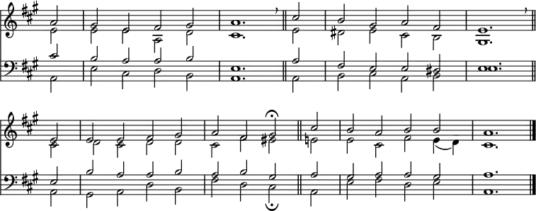 
<< <<
\new Staff { \clef treble \time 4/2 \partial 2 \key a \major \set Staff.midiInstrument = "church organ" \omit Staff.TimeSignature \set Score.tempoHideNote = ##t \override Score.BarNumber  #'transparent = ##t
  \relative c'' 
  << { a2 | gis e fis gis | a1. \breathe \bar"||"
  cis2 | b gis a fis | e1. \breathe \bar"||" \break
  e2 | e e fis gis | a fis gis\fermata \bar"||"
  cis | b a b b | a1. \bar"|." } \\
  { e2 | e e a, d | cis1. 
  e2 | dis e cis b | gis1. 
  cis2 | d cis d d | cis fis eis 
  e | e cis fis e4( d) | cis1. } >>
}
\new Staff { \clef bass \key a \major \set Staff.midiInstrument = "church organ" \omit Staff.TimeSignature
  \relative c'
  << { cis2 | b a a b | e,1.
  a2 | fis e e dis | e1.
  e2 | b' a a b | a b gis
  a | gis a a gis | a1. } \\
  { a,2 | e' cis d b | a1.
  a2 | b cis a b | e1.
  a,2 | gis a d b | fis' d cis\fermata
  a | e' fis d e | a,1. } >>
}
>> >>
\layout { indent = #0 }
\midi { \tempo 2 = 72 }
