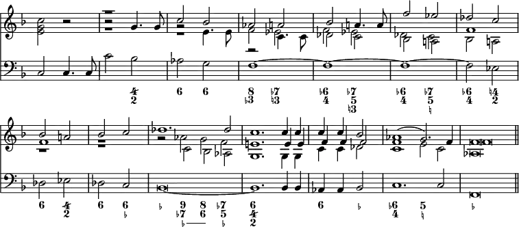 { << \new Staff << \override Score.TimeSignature #'stencil = ##f \override Score.BarNumber #'break-visibility = #'#(#f #f #f) \key f \major
\new Voice \relative g' { \stemUp
s1 | r2 g4. g8 | c2 bes | aes a | %end line 1
bes a!4. a8 | f'2 ees | des c | bes a! | bes c | %end line 2
des1.*1/2 des2*1/2 | c1.*1/2 c4*1/2 c | c4 c bes2 |
aes1*1/2^( g2.*1/2) f4*1/2 | f\breve*1/2 }
\new Voice \relative e' { \stemDown
<e g c>2 r | e'1\rest | c,\rest | r2 c4. c8 | %end line 1
des2 c | bes a! | bes a! | r1 r | %end line 2
r2*1/2 c bes aes | g1.*1/2 g4*1/2 g | c4 c des2 |
c1*1/2 e2*1/2 c | aes\breve*1/2 \bar "||" }
\new Voice \relative e' { \stemDown
s1 e\rest | g2\rest e4. e8 | f2 ees | %end line 1
f ees | des c | f1 f e\rest | %end line 2
r2*1/2 aes g f | \stemUp e!1.*1/2 e4*1/2 e | f4 f f2 |
f1*1/2 s | f\breve*1/2 } >>
\new Staff { \clef bass \key f \major
c2 c4. c8 | c'2 bes | aes g | f1 ~ | %end line 1
f ~ | f ~ | f2 ees | des ees | des c | %end line 2
bes,\breve*1/2 ~ | bes,1.*1/2 bes,4*1/2 bes, |
aes,4 aes, bes,2 | c1.*1/2 c2*1/2 f,\breve*1/2 }
\figures { s1 s2 <4/ 2> <6> <6> <8 3-> <7- 3!> %end line 1
<6- 4> <7- 5 3!> <6- 4> <7- 5 _!> <6- 4> <4! 2> <6> <4/ 2> <6> <6 _-> %end line 2
<_->4 \bassFigureExtendersOn <9 7- _-\!> <8 6 _-> <7- 5 _-\!>
<6 4/ 2>1 <6\!>2 <_-> <6- 4> <5 _!> <_-> } >> }
