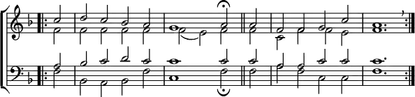 
\new ChoirStaff <<
  \new Staff { \clef treble \time 4/2 \key f \major \partial 2 \set Staff.midiInstrument = "church organ" \omit Staff.TimeSignature \set Score.tempoHideNote = ##t \override Score.BarNumber  #'transparent = ##t 
  \relative c''
  << { \bar".|:" c2 | d c bes a | g1 a2 \fermata \bar"||" a | f f g c | a1. \breathe \bar":|." } \\
  { f2 | f f f f | f( e) f f | c f f e | f1. } >>
  }
\new Staff { \clef bass \key f \major \set Staff.midiInstrument = "church organ" \omit Staff.TimeSignature
  \relative c'
  << { a2 | bes c d c | c1 c2 c | a a c c | c1. } \\
  { f,2 | bes, a bes f' | c1 f2 \fermata f | a f c c | f1. } >>
  } 
>>
\layout { indent = #0 }
\midi { \tempo 2 = 56 }
