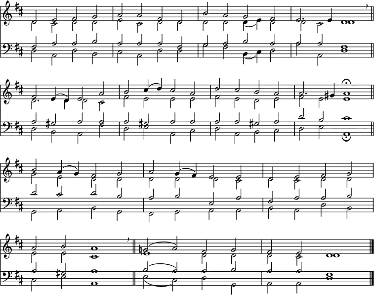 
<< <<
\new Staff { \clef treble \time 4/2 \key d \major \set Staff.midiInstrument = "church organ" \omit Staff.TimeSignature \set Score.tempoHideNote = ##t \override Score.BarNumber  #'transparent = ##t
  \relative c'
  << { d2 e fis g | a a fis d | b' a g fis | e2. 4 d1 \breathe \bar"||" \break
       fis2 e4( d) e2 a | b cis4( d) cis2 a | d cis b a | a2. gis4 a1 \fermata \bar"||" \break
       b2 a4( g) fis2 g | a g4( fis) e2 e | d e fis g \break
       a b a1 \breathe \bar"||" g!2( a) fis g | fis e d1 \bar"|." } \\
  { d2 cis d d | e cis d d | d d d4( e) d2 | d cis d1
    d2. 4 2 cis | fis e e e | fis e d e | fis e e1
    g2 e d d | d d d cis | d cis d d 
    e e cis1 | e d2 d | d cis d1 } >>
}
\new Staff { \clef bass \key d \major \set Staff.midiInstrument = "church organ" \omit Staff.TimeSignature
  \relative c
  << { fis2 a a b | a a a fis | g a b a | a a fis1
       a2 gis a a | a gis a a | a a gis a | d b cis1
       d2 cis d b | a b e, a | fis a a b
       a gis a1 | b2( a) a b | a a fis1 } \\
  { d2 a d b | cis a d d | g fis b,4( cis) d2 | a' a, d1
    d2 b a fis' | d e a, cis | d a b cis | d e a,1 \fermata
    g2 a b g | fis g a a | b a d b
    cis e a,1 | e'2( cis) d g, | a a d1 } >>
}
>> >>
\layout { indent = #0 }
\midi { \tempo 2 = 66 }
