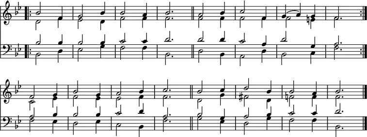 
<< <<
\new Staff { \clef treble \time 3/4 \key bes \major \set Staff.midiInstrument = "church organ" \omit Staff.TimeSignature \set Score.tempoHideNote = ##t \override Score.BarNumber  #'transparent = ##t
  \relative c'' 
  \repeat volta 2 { << { \bar ".|:" bes2 f4 | g2 bes4 | bes2 a4 | bes2. \bar"||" | a2 bes4 | c2 f,4 | g4( a) g | f2. \break } \\
  { d2 f4 | es2 d4 | f2 f4 | f2. | f2 f4 | f2 f4 | f2 e4 | f2. } >> }
  \relative c' {
  << { f2 g4 | bes2 g4 | a2 bes4 | c2. \bar"||" | bes2 c4 | d2 bes4 | bes2 a4 | bes2. \bar"|." } \\
  { c,2 es4 | f2 es4 | es2 f4 | f2. | d2 g4 | fis2 d4 | f!2 f4 | f2. } >> }
}
\new Staff { \clef bass \key bes \major \set Staff.midiInstrument = "church organ" \omit Staff.TimeSignature
  \relative c'
  \repeat volta 2 { << { bes2 bes4 | bes2 bes4 | c2 c4 | d2. | d2 d4 | c2 a4 | d2 g,4 | a2. } \\
  { bes,2 d4 | es2 g4 | f2 f4 | bes,2. | d2 bes4 | a2 d4 | bes2 c4 | f2. } >> }
  \relative c' {
  << { a2 bes4 | bes2 bes4 | c2 d4 | a2. | bes2 g4 | a2 bes4 | c2 c4 | d2. } \\
  { f,2 es4 | d2 es4 | c2 bes4 | f'2. | g2 es4 | d2 g4 | f2 f4 | bes,2. } >> }
}
>> >>
\layout { indent = #0 }
\midi { \tempo 4 = 120 }
