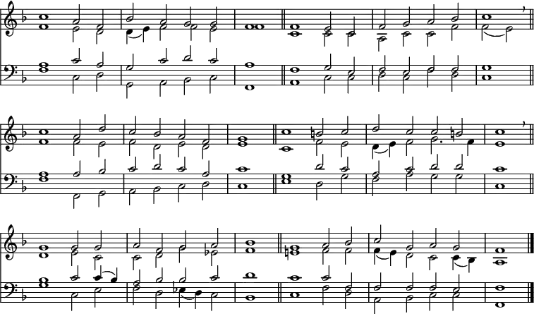 
<< <<
\new Staff { \clef treble \time 4/2 \key f \major \set Staff.midiInstrument = "church organ" \omit Staff.TimeSignature \set Score.tempoHideNote = ##t \override Score.BarNumber  #'transparent = ##t
  \relative c''
  << { c1 a2 f | bes a g g | \time 2/2 f1 \bar"||" 
       \time 4/2 f e2 c | f g a bes | \time 2/2 c1 \breathe \bar"||" \break
       \time 4/2 c a2 d | c bes a f | \time 2/2 g1 \bar"||"
       \time 4/2 c b2 c | d c c b | \time 2/2 c1 \breathe \bar"||" \break
       \time 4/2 g g2 g | a f g a | \time 2/2 bes1 \bar"||"
       \time 4/2 g a2 bes | c g a g | \time 2/2 f1 \bar"|." } \\
  { f1 e2 d | d4( e) f2 f e | f1 | c c2 c | a c c f | f( e)
    f1 2 e | f d e d | e1 | c f2 e | d4( e) f2 g2. f4 | e1
    d e2 c | c d g es | f1 | e! f2 f | f4( e) d2 c c4( bes) | a1 } >>
}
\new Staff { \clef bass \key f \major \set Staff.midiInstrument = "church organ" \omit Staff.TimeSignature
  \relative c'
  << { a1 c2 a | g c d c | a1 | f g2 e | f e f f | g1
       a a2 bes | c d c a | c1 | g d'2 c | a c d d | c1
       bes c2 4( bes) | a2 bes bes c | d1 | c c2 f, | f f f e | f1 } \\
  { f1 c2 d | g, a bes c | f,1 | a c2 c | d c f d | c1
    f f,2 g | a bes c d | c1 | e d2 g | f a g g | c,1
    g' c,2 e | f d es4( d) c2 | bes1 | c f2 d | a bes c c | f,1 } >>
}
>> >>
\layout { indent = #0 }
\midi { \tempo 2 = 66 }
