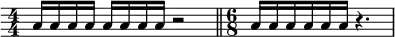 
\relative c'' { \override Score.Clef #'stencil = ##f \time 4/4 \numericTimeSignature a16 a16 a16 a16 a16 a16 a16 a16 r2 \bar "||" \time 6/8 a16 a16 a16 a16 a16 a16 r4.  }

