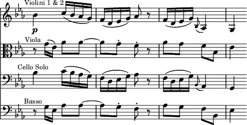 { << \new Staff \relative b' { \key ees \major \time 2/4 \override Score.TimeSignature #'stencil = ##f \mark \markup \small "Violini 1 & 2"
  bes4\p c16( bes aes g) | f( d ees g) aes8 r |
  f16( d ees g) \appoggiatura bes,8 aes4 | g4 }
\new Staff \relative g' { \clef alto \key ees \major 
  r8^\markup \small \center-align "Viola" g16( ees) aes8 aes ~ |
  aes g8-. f-. r | aes g f bes, | ees4 }
\new Staff \relative b { \clef bass \key ees \major 
  bes4^\markup \small \center-align "Cello Solo" c16( bes aes g) |
  f( d ees g) aes8 r |
  f16( d ees g) \appoggiatura bes,8 aes4 | g4 }
\new Staff \relative g { \clef bass \key ees \major
  r8^\markup \small \center-align "Basso" g16 ees aes8 aes ~ |
  aes g-. f-. r | aes g f bes, | ees4 } >> }