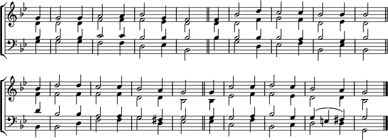 
\new ChoirStaff <<
  \new Staff { \clef treble \time 3/4 \key g \minor \partial 4 \set Staff.midiInstrument = "church organ" \omit Staff.TimeSignature \set Score.tempoHideNote = ##t \override Score.BarNumber  #'transparent = ##t 
  \relative c''
  << { g4 | g2 g4 | a2 a4 | bes2 g4 | f2 \bar"||" f4 | bes2 d4 | c2 c4 | bes2 bes4 | bes2 \bar"||" \break
     bes4 | d2 d4 | c2 c4 | bes2 a4 | g2 \bar"||" g4 | c2 c4 | d2 c4 | bes2 a4 | g2 \bar"|."} \\
  { d4 | d2 d4 | f2 f4 | f2 es4 | d2 d4 | d2 f4 | g2 f4 | d2 es4 | d2
  f4 | f2 f4 | f2 f4 | d2 d4 | bes2 bes4 | es2 f4 | f2 es4 | d2 d4 | bes2 } >>
  }
\new Staff { \clef bass \key g \minor \set Staff.midiInstrument = "church organ" \omit Staff.TimeSignature
  \relative c'
  << { bes4 | bes2 bes4 | c2 c4 | bes2 bes4 | bes2 bes4 | bes2 bes4 | bes2 a4 | bes2 g4 | bes2
     d4 | bes2 bes4 | a2 a4 | g2 fis4 | g2 g4 | g2 a4 | bes2 g4 | g( e fis) | g2 } \\
  { g4 | g2 g4 | f2 f4 | d2 es4 | bes2 bes'4 | g2 d4 | es2 f4 | bes,2 es4 | bes2
  bes4 | bes2 d4 | f2 f4 | g2 d4 | es2 es4 | c2 f4 | bes,2 c4 | d2 d4 | g,2 } >>
  } 
>>
\layout { indent = #0 }
\midi { \tempo 4 = 152 }
