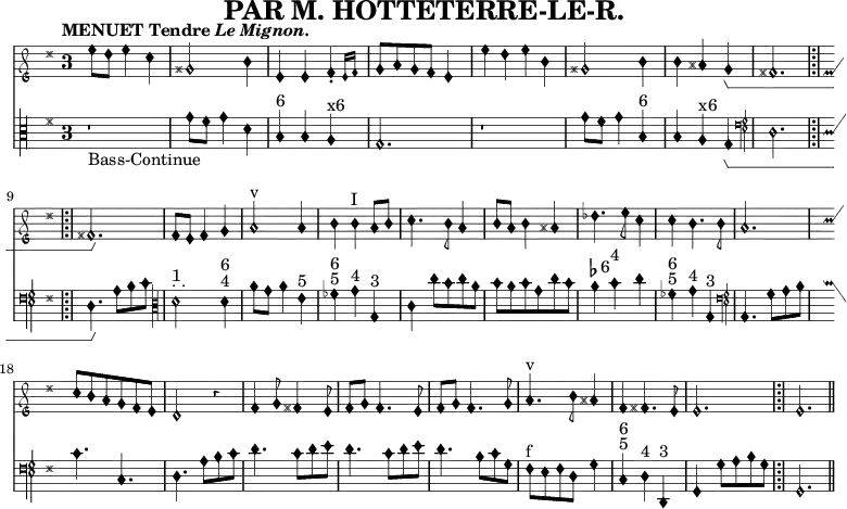  
\defineBarLine "|;|" #'("|;|" "|;|" "|;|")
\header {
  tagline = ##f
  title = "PAR M. HOTTETERRE-LE-R."
}
\score {
\new GrandStaff <<
  \new MensuralStaff = "flute" \with {midiInstrument="flute"} \relative c'' {
      \clef "petrucci-g1"
      \key g \major
      \override Staff.TimeSignature.style = #'single-digit
      \time 3/4
      \tempo \markup {MENUET Tendre \italic {Le Mignon.}}
      \override NoteHead.style = #'petrucci
      \override TupletBracket.bracket-visibility = ##f
      \omit TupletNumber
      \autoBeamOn
      g'8 fis g4 e
      bis2 d4
      g, g \afterGrace a(\staccato {g16 a)}
      b8 c b a g4
      \tuplet 3/2 {g' fis g} d
      bis2 d4
      d cis b\startGroup
      ais2. \bar "|;|"
      ais2.\stopGroup
      a8 g a4 b
      c2^"v" c4
      d( d^"I" c8 d)
      e4. d8 c4
      d8 c d4 cis
      fes4. g8 e4
      e4 d4. d8
      c2.
      e8 d c b a g
      fis2 r4
      a4 b8 ais4 g8
      a b a4. g8
      a b a4. b8
      c4.^"v" d8 cis4
      a4 ais4. g8
      g2. \bar "|;|"
      g2. \bar "||"
    }
  \new MensuralVoice = "bass" \with {midiInstrument="acoustic bass"} \relative c'' { 
      \clef "petrucci-c3"
      \key g \major
      \override Staff.TimeSignature.style = #'single-digit
      \time 3/4
      \tempo \markup {MENUET Tendre \italic {Le Mignon.}}
      \override NoteHead.style = #'petrucci
      \autoBeamOn
      r1*3/4_"Bass-Continue"
      g8 fis g4 d
      b^"6" b a^"x6"
      g2.
      r1*3/4
      g'8 fis g4 b,^"6"
      b a^"x6" g\startGroup
      \clef "petrucci-f4"
      d2. \bar "|;|"
      d4.\stopGroup a'8 b c
      \clef "petrucci-c3"
      d2^". ."^"1" d4^"4"^"6"
      a'8 g a4 e^"5"
      fes^"5"^"6" g^"4" g,^"3"
      c c'8 b c a
      b a b g c b
      a4^\markup {\flat6} b^"4" c
      fes,^"5"^"6" g^"4" g,^"3"
      \clef "petrucci-f4"
      a,4. g'8 a b
      c4. c,
      d a'8 b c
      d4. c8 d e
      d4. c8 d e
      d4. b8 c g
      fis^"f" e fis d g4
      c,^"5"^"6" d^"4" d,^"3"
      g g'8 a b g \bar "|;|"
      g,2. \bar "||"
    }
>>
\layout {
  indent = #0
  \context {
    \MensuralStaff
    \consists Horizontal_bracket_engraver
    \override BarLine.transparent = ##f % Notice two pound signs
  }
}
  \midi { 
    \tempo 4 = 112
  }
}
