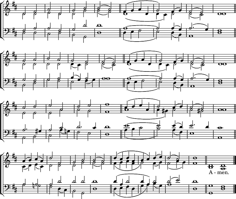 
\new ChoirStaff <<
  \new Staff { \clef treble \time 2/2 \key d \major \set Staff.midiInstrument = "church organ" \omit Staff.TimeSignature \set Score.tempoHideNote = ##t \override Score.BarNumber  #'transparent = ##t 
  \relative c'
  << { d2 fis | a d, | g b | b( a) \bar"||" fis4( g a d, | g2) fis4( g) | fis2( e) | d1 \bar"||" \break
      g2 a | b a | g fis | fis( e) \bar"||" fis4( g a d, | g2) fis4( g) | fis2( e) | d1 \bar"||" \break
      cis'2 d | e a, | d e | fis1 \bar"||" cis4( d e a, | d2) cis4( d) | cis2( b) | a1 \bar"||" \break
      a4( b) cis( a) | d2 fis, | g b | b( a) \bar"||"
      d4( cis d a | b cis) d( e) | d2( cis) | d1 \bar"||" \time 4/2 d,1 d \bar"|."} \\
  { d2 d | e d | d g | g( fis) | d1(  | d4 cis) d2 | d( cis) d1 |
  d2 d | d d | d4( cis) d2 | d( cis) | d1(  | d4 cis) d2 | d( cis) d1 |
  e2 e | e a | a g | fis1 | a1( | a4 gis) a2 | a gis | a1
  cis,4( d) e( cis) | d2 d | d g | g( fis)
  fis4( g a fis | g2) fis4( g) | fis2( a4 g) | fis1 | b,1 a } >>
  } 
\addlyrics {_ _ _ _ _ _ _ _ _ _ _ _ _ _ _ _ 
            _ _ _ _ _ _ _ _ _ _ _ _ _ _ _ _ 
            _ _ _ _ _ _ _ _ _ _ _ _ _ _ _ _ 
            _ _ _ _ _ _ _ _ _ _ _ _ _ _ _ _ 
            _ _ _ _ _ _ _ _ _ _ _ _ _ _ _ A -- men.}
\new Staff { \clef bass \key d \major \set Staff.midiInstrument = "church organ" \omit Staff.TimeSignature
  \relative c
  << { fis2 a | a fis | g d' | d1 | a ~ | a2 a4( g) | a2.( g4) | fis1 |
     g2 fis | g a | b4( g) a2 | a1 | a ~ | a2 a4( g) | a2.( g4) | fis1 |
     a2. gis4 | a2 cis | d2. cis4 | d1 | e ~ | e2 e4( d) | e2. d4 | cis1
     a2 a | a d | d d | d1 |
     d4( a d2 | d4 a) d2 | d( e) | d1 | g, fis } \\
  { d2 d | cis d | b g | d'1 | d4( e fis2 | e) d4( b) | a1 | d |
  b2 d | g fis | e fis4( g) | a1 | d,4( e fis2 | e) d4( b) | a1 | d |
  a2 b | cis a'4( g!) | fis2 e | d1 | a'4( b cis2 | b) a4( fis) | e1 | a, |
  a'2 g! | fis d4( cis) | b2 g | d'1 | d4( e fis d | g a) b( g) | a1 | d, | g, d' } >>
  } 
>>
\layout { indent = #0 }
\midi { \tempo 2 = 100 }
