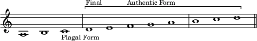 { \override Score.TimeSignature #'stencil = ##f \cadenzaOn a1 b c'_\markup { \small "Plagal Form" } \[ \bar "|" d'^\markup { \small Final } e' f'^\markup { \small "Authentic Form" } g' a' \bar "|" b' c'' d'' \] \bar "||" }