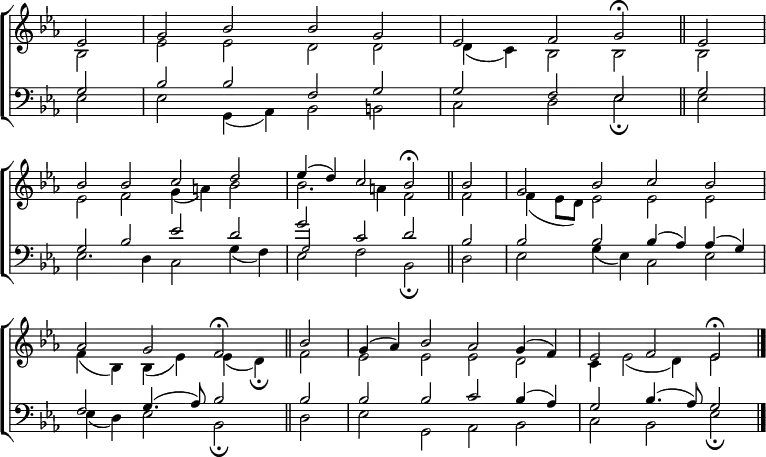 
\new ChoirStaff <<
  \new Staff { \clef treble \time 4/2 \key es \major \partial 2 \set Staff.midiInstrument = "church organ" \omit Staff.TimeSignature \set Score.tempoHideNote = ##t \override Score.BarNumber  #'transparent = ##t 
  \relative c'
  << { es2 | g bes bes g | es f g \fermata \bar"||" es | \break
     bes' bes c d | es4( d) c2 bes \fermata \bar"||" bes | g bes c bes \break
     aes g f \fermata \bar"||" bes | g4( aes) bes2 aes g4( f) | es2 f es \fermata \bar"|."} \\
  { bes2 | es es d d | d4( c) bes2 bes bes |
  es f g4( a) bes2 | bes2. a4 f2 f | f4( es8 d) es2 es es |
  f4( bes,) bes( es) es( d) \fermata f2 | es es es d | c4 es2( d4) es2 } >>
  }
\new Staff { \clef bass \key es \major \set Staff.midiInstrument = "church organ" \omit Staff.TimeSignature
  \relative c'
  << { g2 | bes bes f g | g f es g |
     g bes es d | g c, d bes | bes bes bes4( aes) aes( g) |
     f2 g4.( aes8) bes2 bes | bes bes c bes4( aes) | g2 bes4.( aes8) g2 } \\
  
  { es2 | es g,4( aes) bes2 b | c d es \fermata es |
  es2. d4 c2 g'4( f) | es2 f bes, \fermata d | es g4( es) c2 es |
  es4( d) es2 bes \fermata d | es g, aes bes | c bes es \fermata } \\
  {s2 s1 s1 s1 s1 s1 s1 \tiny g2 } >>
  } 
>>
\layout { indent = #0 }
\midi { \tempo 2 = 46 }
