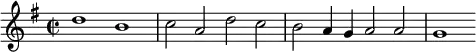 { \new Staff \relative d'' { \time 4/2 \set Staff.timeSignatureFraction = 2/2 \key g \major
d1 b | c2 a d c | b a4 g a2 a | g1 } }