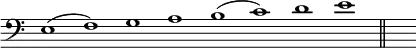 { \override Score.TimeSignature #'stencil = ##f \key a \aeolian \clef bass \relative e { \cadenzaOn e1( f) g a b( c) d e \bar "||" s } }
