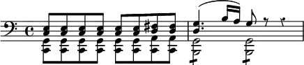 { \override Score.Rest #'style = #'classical \time 4/4 \clef bass \relative c << { <c e>8 <c e> <c e> <c e> <c e> <c e> <d fis> <d fis> | <d g>4.( b'16 a) g8 r r4 | } \\ { <g, c,>8 <g c,> <g c,> <g c,> <g c,> <g c,> <a c,> <a c,> | <g b,>2:8 <g b,>:8 | } >> }