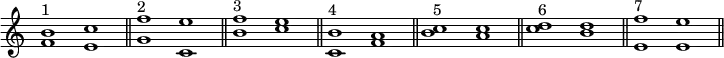\new Staff {
\clef "treble"
\omit Staff.TimeSignature
\time 4/2
\relative c' {
<f b>1^"1" <e c'> \bar "||"
<g f'>^"2" <c, e'> | \bar "||"
<b' f'>^"3" <c e> | \bar "||"
<b c,>^"4" <f a> | \bar "||"
<b c>^"5" <a c> | \bar "||"
<c d>^"6" <b d> | \bar "||"
<e, f'>^"7" <e e'> | \bar "||"
}
}