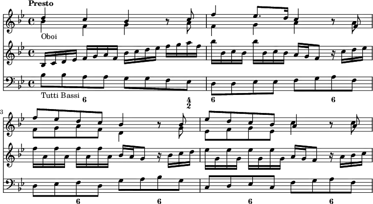 << \new Staff { \time 4/4 \key bes \major \tempo \markup "Presto" << \new Voice \relative d'' { \stemUp d4 c bes r8 c | f4 ees8. d16 c4 r8 f, | f' ees d c bes4 r8 bes | ees d c bes a4 r8 a8 }
\new Voice \relative b' { \stemDown bes4_"Oboi" f g r8 a | f4 g a r8 a | f g a f d4 r8 g | ees f g ees c'4 r8 c } >> }
\new Staff { \key bes \major \relative b { bes16 c d ees f g a f bes c d ees f g a f | bes bes, c bes bes' bes, c bes a g f8 r16 c' d ees | f a, f' a, f' a, f' a, bes a g8 r16 bes c d | ees g, ees' g, ees' g, ees' g, a g f8 r16 a bes c } }
\new Staff { \clef bass \key bes \major \relative b { bes8_"Tutti Bassi" bes a a g g f ees | d d ees ees f g a f | d ees f d g a bes g | c, d ees c f g a f } }
\figures { <_>4 <6> <_>4. <4 2>8 <6>2. <6>2 <6> <6> <6> <6>4 } >>