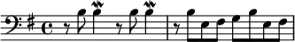 { \clef bass \time 4/4 \key e \minor r8 b b4\mordent r8 b b4\mordent | r8 b e fis g b e fis }