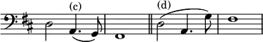 { \override Score.TimeSignature #'stencil = ##f \clef bass \key d \major \relative d { d2 a4.(^"(c)" g8) | fis1 \bar "||" d'2(^"(d)" a4. g'8) | fis1 | } }