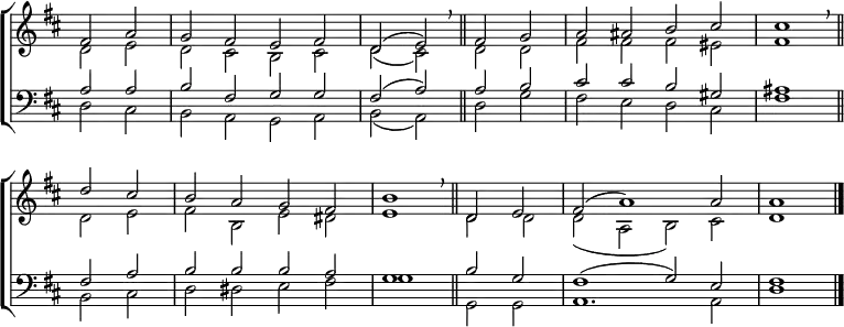 
\new ChoirStaff <<
  \new Staff { \clef treble \time 4/2 \key d \major \partial 1 \set Staff.midiInstrument = "church organ" \omit Staff.TimeSignature \set Score.tempoHideNote = ##t \override Score.BarNumber  #'transparent = ##t 
  \relative c'
  << { fis2 a | g fis e fis | d( e) \breathe \bar"||"
       fis g | a ais b cis | cis1 \breathe \bar"||" \break
       d2 cis | b a g fis | b1 \breathe \bar"||"
       d,2 e | fis( a1) 2 | 1 \bar"|." } \\
  { d,2 e | d cis b cis | d( cis) d d | fis fis fis eis | fis1
    d2 e | fis b, e dis | e1 d2 d | d( a b) cis | d1 } >>
  }
\new Staff { \clef bass \key d \major \set Staff.midiInstrument = "church organ" \omit Staff.TimeSignature 
  \relative c'
  << { a2 a | b fis g g | fis( a) a b | cis cis b gis | ais1
       fis2 ais | b b b a | g1 b2 g | fis1( g2) e | fis1 } \\
  { d2 cis | b a g a | b( a) d g | fis e d cis | fis1
    b,2 cis | d dis e fis | g1 g,2 g | a1. 2 | d1 } >>
  } 
>>
\layout { indent = #0 }
\midi { \tempo 2 = 76 }
