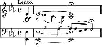 { << \new Staff \relative e' { \key ees \major \time 4/4 \partial 4 \tempo "Lento." \override Score.Rest #'style = #'classical
ees4\ff << { ees1 ^~ | ees\fermata } \\
{ r4 des( c4. bes8) | bes1 \bar "||" } >> }
\new Staff << \clef bass \key ees \major
\new Voice { s4 r bes2 aes4 ^~ | \stemUp aes8 aes^( f g g2)\fermata }
\new Voice { \stemDown <ees ees,>4 | q1 _~ q } >> >> }