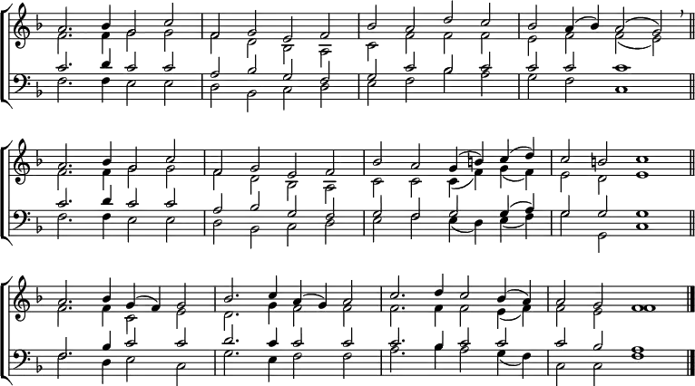 
\new ChoirStaff <<
  \new Staff { \clef treble \time 4/2 \key f \major \set Staff.midiInstrument = "church organ" \omit Staff.TimeSignature \set Score.tempoHideNote = ##t \override Score.BarNumber  #'transparent = ##t 
  \relative c''
  << { a2. bes4 g2 c | f, g e f | bes a d c | bes a4( bes) a2( g) \breathe \bar"||" \break
       a2. bes4 g2 c | f, g e f | bes a g4( b) c( d) | c2 b c1 \bar"||" \break
       a2. bes4 g( f) g2 | bes2. c4 a( g) a2 | c2. d4 c2 bes4( a) | a2 g f1 \bar"|." } \\
  { f2. 4 g2 g | f d bes a | c f f f | e f f( e)
    f2. 4 g2 g | f d bes a | c c c4( f) g( f) | e2 d e1
    f2. 4 c2 e | d2. g4 f2 f | f2. 4 2 e4( f) | f2 e f1 } >>
  }
\new Staff { \clef bass \key f \major \set Staff.midiInstrument = "church organ" \omit Staff.TimeSignature \override Staff.NoteHead.style = #'altdefault
  \relative c'
  << { c2. d4 c2 c | a bes g f | g c bes c | c c c1
       c2. d4 c2 c | a bes g f | g f g g4( a) | g2 g g1
       f2. bes4 c2 c | d2. c4 2 2 | 2. bes4 c2 c | c bes a1 } \\
  { f2. 4 e2 e | d bes c d | e f bes a | g f c1
    f2. 4 e2 e | d bes c d | e f e4( d) e( f) | g2 g, c1
    f2. d4 e2 c | g'2. e4 f2 f | a2. bes4 a2 g4( f) | c2 c f1 } >>
  } 
>>
\layout { indent = #0 }
\midi { \tempo 2 = 80 }
