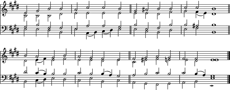 << <<
\new Staff { \clef treble \time 4/2 \key e \major \set Staff.midiInstrument = "church organ" \omit Staff.TimeSignature \set Score.tempoHideNote = ##t \override Score.BarNumber #'transparent = ##t
\relative c'
<< { e2 gis b b | a cis cis b \bar"||" | gis ais b b | cis cis b1 \bar"||"
b2 a gis b | a gis fis e \bar"||" | fis gis a gis | fis fis e1 \bar"|." } \\
{ b2 b b dis | e e e e | e e dis fis | gis fis4( e) dis1 |
dis2 e4( fis) e2 fis | e e dis e| cis eis fis e | e dis e1 } >>
}
\new Staff { \clef bass \key e \major \set Staff.midiInstrument = "church organ" \omit Staff.TimeSignature
\relative c'
<< { gis2 b fis fis | e a a gis | b e, fis b | b ais b1 |
dis2 cis4( b) b2 b | cis b b4( a) gis2 | a b cis b | cis b4( a) gis1 } \\
{ e2 e dis b | e a,4( b) cis( dis) e2 | e cis b dis | e fis b,1 |
b2 cis4( dis) e2 dis | cis e b cis | a gis fis gis | a b <<
\new Voice = "alternative" {
\voiceOne {
e1
}
}
{
\voiceTwo \magnifyMusic 0.63 {
e,
}
\oneVoice
} >> } >>
}
>> >>
\layout { indent = #0 }
\midi { \tempo 4 = 96 }