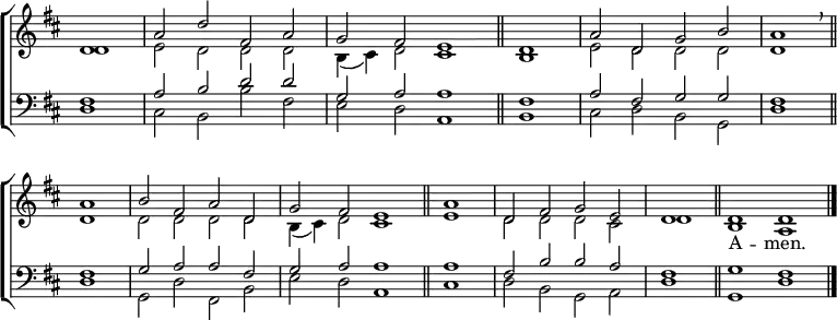 
\new ChoirStaff <<
  \new Staff { \clef treble \time 4/2 \key d \major \partial 1 \set Staff.midiInstrument = "church organ" \omit Staff.TimeSignature \set Score.tempoHideNote = ##t \override Score.BarNumber  #'transparent = ##t 
  \relative c'
  << { d1 | a'2 d fis, a | g fis e1 \bar"||" \time 2/2 d | \time 4/2 a'2 d, g b | a1 \breathe \bar"||" \break
     a | b2 fis a d, | g fis e1 \bar"||" \time 2/2 a | \time 4/2 d,2 fis g e | \time 2/2 d1 \bar"||" \time 4/2 d d \bar"|."} \\
  { d1 | e2 d d d | b4( cis) d2 cis1 | b | e2 d d d | d1
  d | d2 d d d | b4( cis) d2 cis1 | e | d2 d d cis | d1 | b a } >>
  }
\addlyrics {{_ _ _ _ _ _ _ _ _ _ _ _ _ _ _ _
           _ _ _ _ _ _ _ _ _ _ _ _ _ _ A -- men.}}
\new Staff { \clef bass \key d \major \set Staff.midiInstrument = "church organ" \omit Staff.TimeSignature
  \relative c
  << { fis1 | a2 b d d | g, a a1 | fis | a2 fis g g | fis1
     fis | g2 a a fis | g a a1 | a | fis2 b b a | fis1 | g fis } \\
    {d1 | cis2 b b' fis | e d a1 | b | cis2 d b g | d'1
    d | g,2 d' fis, b | e d a1 | cis | d2 b g a | d1 | g, d' } >>
  } 
>>
\layout { indent = #0 }
\midi { \tempo 2 = 69 }
