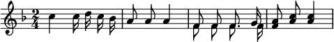 
    \relative c'' { 
    \key f \major \time 2/4
    \numericTimeSignature
    \autoBeamOff
    c4 c16 d c bes
    a8 a a4
    <<
      {
        \voiceOne
        f8 f8 f8. g16
      }
      \new Voice {
        \voiceTwo \autoBeamOff
        f8 f8 f8. f16
      }
    >>
    <f a>8 <a c> <a c>4
	}
