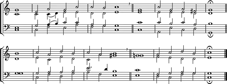 
\new ChoirStaff <<
  \new Staff { \clef treble \time 4/2 \key c \major \partial 1 \set Staff.midiInstrument = "church organ" \omit Staff.TimeSignature \set Score.tempoHideNote = ##t \override Score.BarNumber  #'transparent = ##t
  \relative c''
  << { g1 | e2 a g c | c b c1 \breathe \bar"||" 
       \time 2/2 g1 | \time 4/2 c2 g a fis | g1 \fermata \bar"||" \break
       b | c2 a d b | c a b1 \breathe \bar"||"
       \time 2/2 g1 | \time 4/2 a2 c d b | c1 \fermata \bar"|." } \\
  { c,1 | 2 4( d) e2 e | d d e1 | e | e2 e e d | d1
    d | e2 c f d | c a' gis1 | g! | f2 e d d | e1 } >>
  } 
\new Staff { \clef bass \key c \major \set Staff.midiInstrument = "church organ" \omit Staff.TimeSignature
  \relative c
  << { e1 | g2 a4( b) c2 c | a g g1 | c | c2 b c a | b1
       g | g2 a a b | e2. d4 b1 | c | f,2 g a g | g1 } \\
  { c,1 | c2 f e a | f g c,1 | c | a2 e' c d | g,1 \fermata
    g' | c,2 f d g | a f e1 | e | d2 c f g | c,1 \fermata } >>
  } 
>>
\layout { indent = #0 }
\midi { \tempo 2 = 50 }
