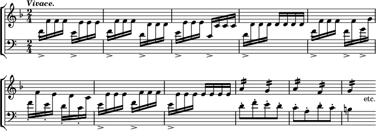 \new ChoirStaff << \override Score.BarNumber #'break-visibility = #'#(#f #f #f)
  \new Staff = "Up" \relative f' { \key f \major \time 2/4 \tempo \markup \italic "Vivace."
    \change Staff = "Down" f16_> \change Staff = "Up" f f f 
    \change Staff = "Down" e16_> \change Staff = "Up" e e e |
    \change Staff = "Down" f16_> \change Staff = "Up" f f f 
    \change Staff = "Down" d16_> \change Staff = "Up" d d d | 
    \change Staff = "Down" e16_> \change Staff = "Up" e e e 
    \change Staff = "Down" c16_> \change Staff = "Up" c c c |
    \change Staff = "Down" d16_> \change Staff = "Up" d d d d d d d |
    \change Staff = "Down" f16_> \change Staff = "Up" f f f 
    \change Staff = "Down" f16_> \change Staff = "Up" f 
    \change Staff = "Down" g16_> \change Staff = "Up" g |
    \change Staff = "Down" f16_. \change Staff = "Up" f 
    \change Staff = "Down" e16_. \change Staff = "Up" e
    \change Staff = "Down" d16_. \change Staff = "Up" d
    \change Staff = "Down" c16_. \change Staff = "Up" c |
    \change Staff = "Down" e16_> \change Staff = "Up" e e e 
    \change Staff = "Down" f16_> \change Staff = "Up" f f f |
    \change Staff = "Down" e16_> \change Staff = "Up" e e e e e e e |
    a4:16 g: | a: f: | g: s8_"etc." }
  \new Staff = "Down" \relative d' { \clef bass s2 s s s s s s s |
    d8-.[ f-. e-. d-.] | c-.[ a-. d-. c-.] | b!4 s8 } >>