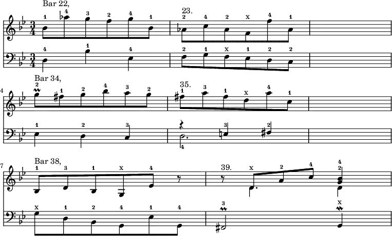 { \time 3/4 \key g \minor << \relative b' { bes8-1^"Bar 22," aes'-4 g-3 f-2 g-4 bes,-1 | aes-2^"23." c-4 aes-2 f^x f'-4 aes,-1 | s2. | \break
g'8\prall-2^"Bar 34," fis-1 g-2 bes-4 a-3 g-2 | fis-1^"35." a-3 fis-1 d^x a'-4 c,-1 | s2. | \break
bes,8-1^"Bar 38," d-3 bes-1 g^x ees'-4 r | \mergeDifferentlyDottedOn r^"39." << { d^x a'-2 c-4 <bes^4 g^2>4 | } \\ { d,4. d4 } >> }
\new Staff { \clef bass \key g \minor \relative d { d4-4 bes'-1 ees,-4 | f8-2 g-1 f^x ees-1 d-2 c-2 | s2. | ees4-1 d-2 c-3 << { r e-3 fis-2 } \\ { d2.-4 } >> | s2. | \stemDown g8^x d-1 bes-2 g-4 ees'-1 g,-4 | \stemNeutral fis2\prall-3 g4\mordent^x } } >> }
