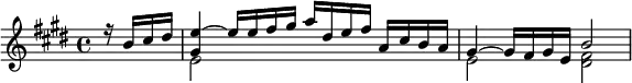 { \time 4/4 \key e \major \partial 4 \relative b' << { r16 b cis dis | <e gis,>4 ~ e16 e fis gis a dis, e fis a, cis b a | gis4 ~ gis16 fis gis e b'2 } \\ { s4 | e,2 s | e <fis dis> } >> }